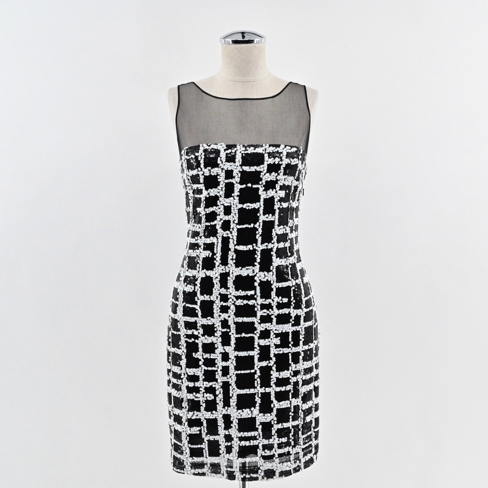 Aidan Mattox‎ Sequin Mini Dress Womens Size 2 Black White Sheath Sleeveless Mesh